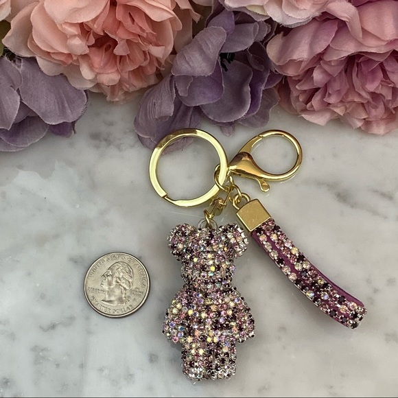 Multicolor Purple Crystal & Leather Strap Bear Keychain - Picture 12 of 13